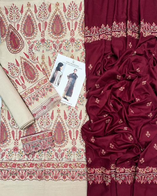 Zara Shahjahan inspired Dhanak 3 piece embroidered women's winter suit with embroidered shirt, trouser and heavy embroidered shawl, code 407 – LAMEN OFFICIAL Pakistan.