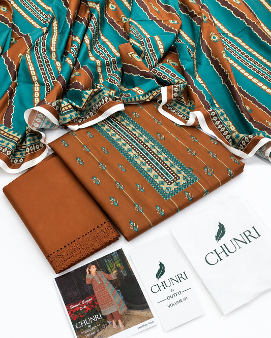Brown and teal printed 3-piece women's suit with patterned dupatta and trouser