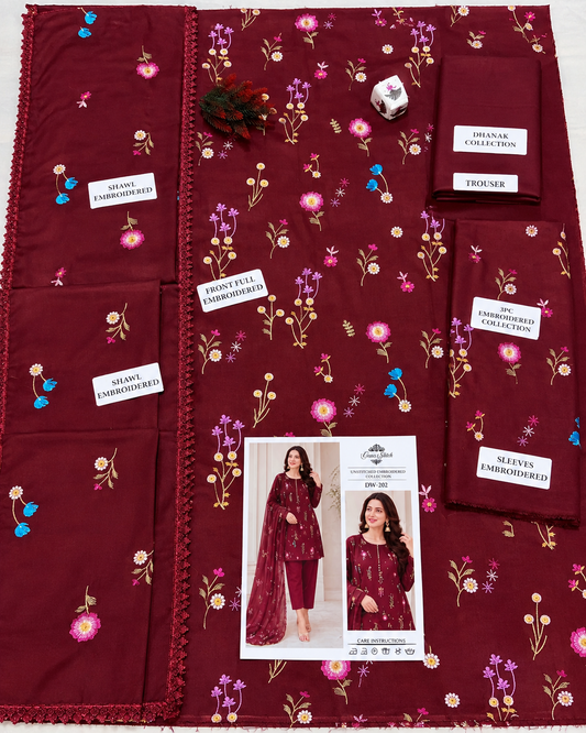 embroidered 3-piece women's unstitched suit with floral design