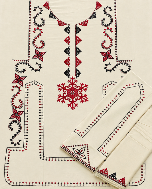 Cream embroidered 2-piece Pakistani suit with red and black embroidery, front, sleeves and trouser details