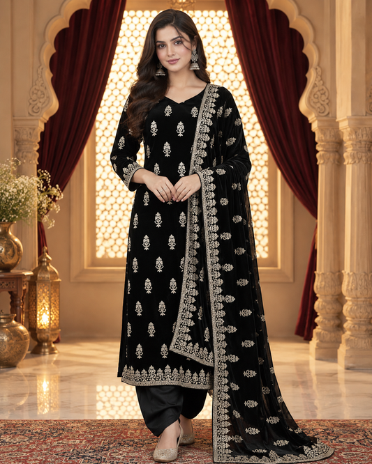 Black velvet 3-piece embroidered women's suit with embroidered front, back, daman, heavy embroidered sleeves, plain trouser, and luxury velvet shawl, AM Velvet.