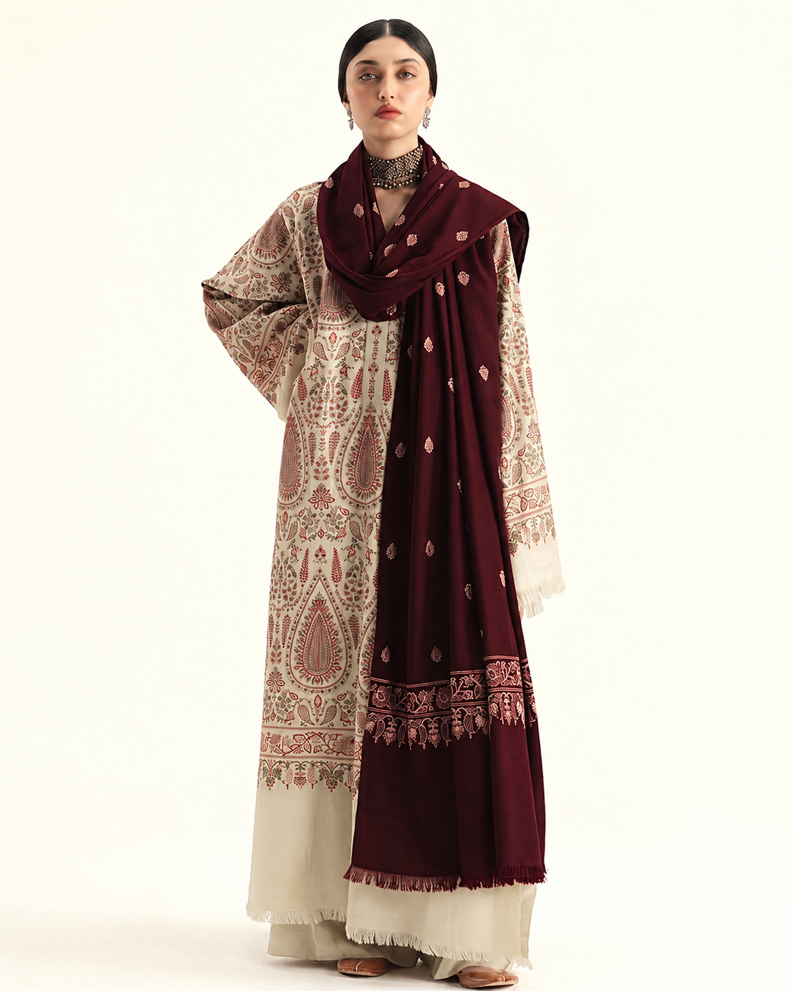 Zara Shahjahan inspired Dhanak 3 piece embroidered women's winter suit with embroidered shirt, trouser and heavy embroidered shawl, code 407 – LAMEN OFFICIAL Pakistan.
