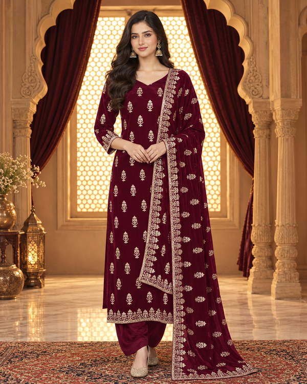 Maroon velvet 3-piece embroidered women's suit with embroidered front, back, daman, heavy embroidered sleeves, plain trouser, and luxury velvet shawl, AM Velvet.