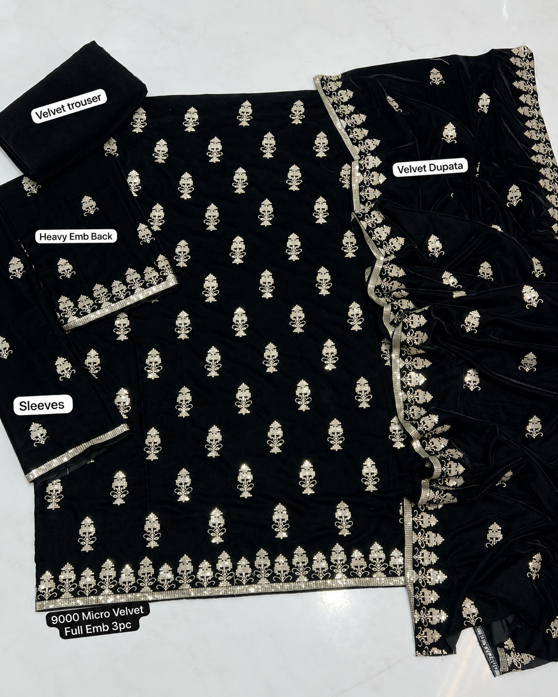 Black velvet 3-piece embroidered women's suit with embroidered front, back, daman, heavy embroidered sleeves, plain trouser, and luxury velvet shawl, AM Velvet.