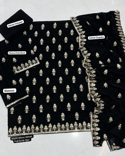 Black velvet 3-piece embroidered women's suit with embroidered front, back, daman, heavy embroidered sleeves, plain trouser, and luxury velvet shawl, AM Velvet.