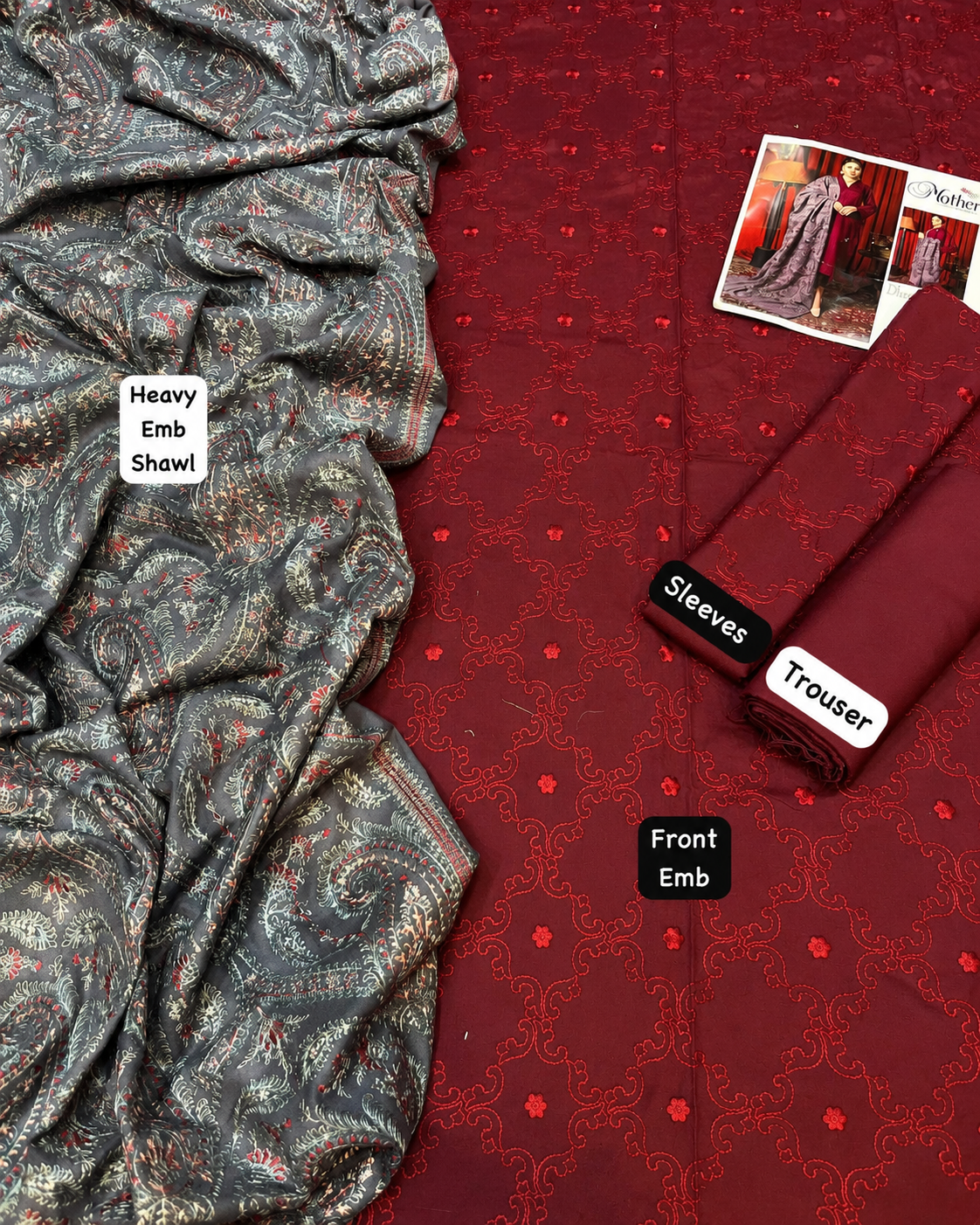 Motifz Dhanak 3-piece embroidered suit in maroon with embroidered front, sleeves, and charcoal grey printed embroidered shawl, design 741.