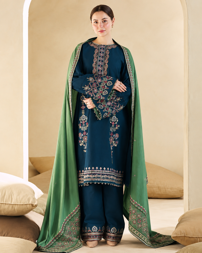 Dhanak 3PC embroidered winter suit for women in Pakistan