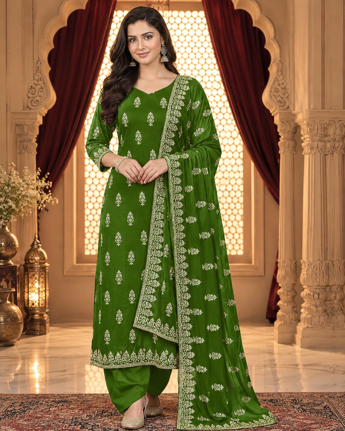 Olive  velvet 3-piece embroidered women's suit with embroidered front, back, daman, heavy embroidered sleeves, plain trouser, and luxury velvet shawl, AM Velvet.