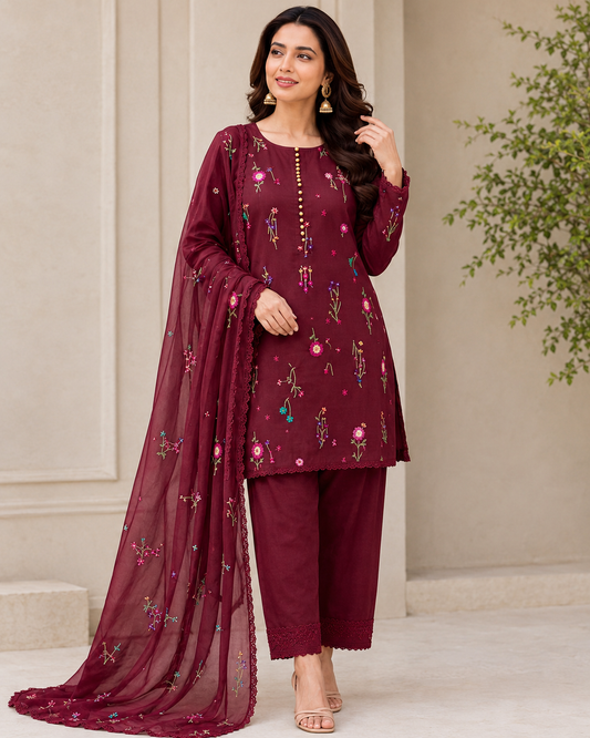 embroidered 3-piece women's unstitched suit with floral design