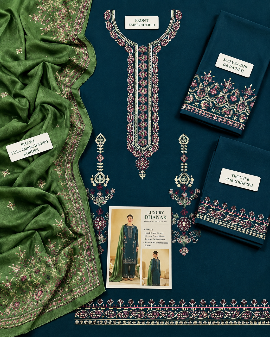 Dhanak 3PC embroidered winter suit for women in Pakistan