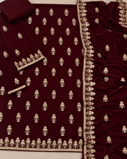 Maroon velvet 3-piece embroidered women's suit with embroidered front, back, daman, heavy embroidered sleeves, plain trouser, and luxury velvet shawl, AM Velvet.