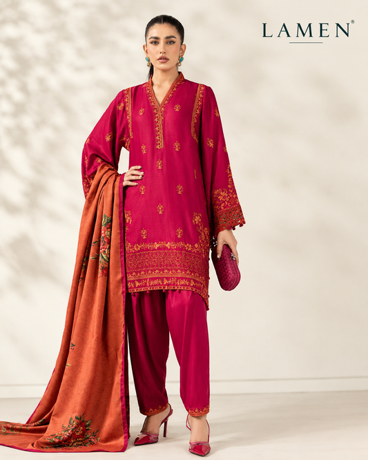 Dhanak 3-piece embroidered winter suit with printed shawl women suit