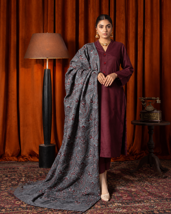 Motifz Dhanak 3-piece embroidered suit in maroon with embroidered front, sleeves, and charcoal grey printed embroidered shawl, design 741.