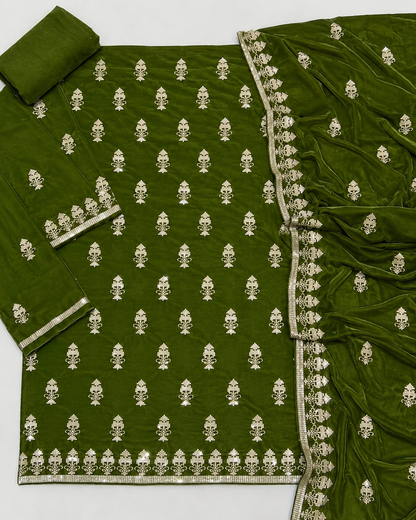 Olive velvet 3-piece embroidered women's suit with embroidered front, back, daman, heavy embroidered sleeves, plain trouser, and luxury velvet shawl, AM Velvet.