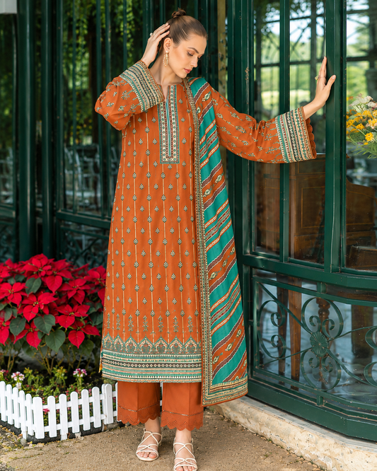 Brown and teal printed 3-piece women's suit with patterned dupatta and trouser